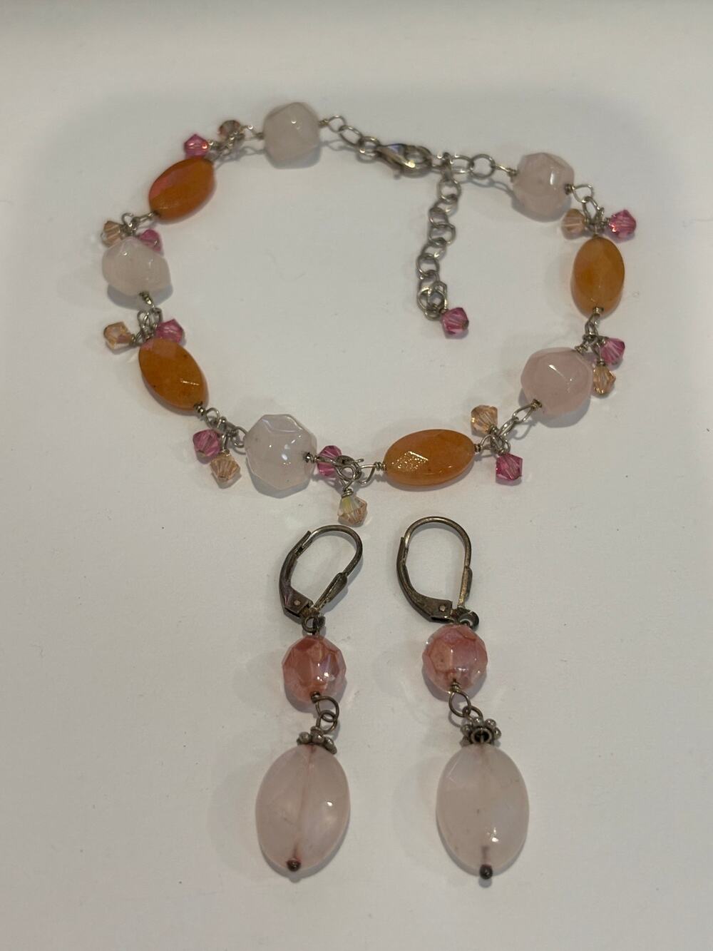 Sterling Silver, Quarts, Faceted Glass Beaded Bracelet Earrings Set